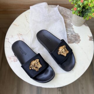First Copy Versace Black & Gold Luxury Slides – Premium Designer