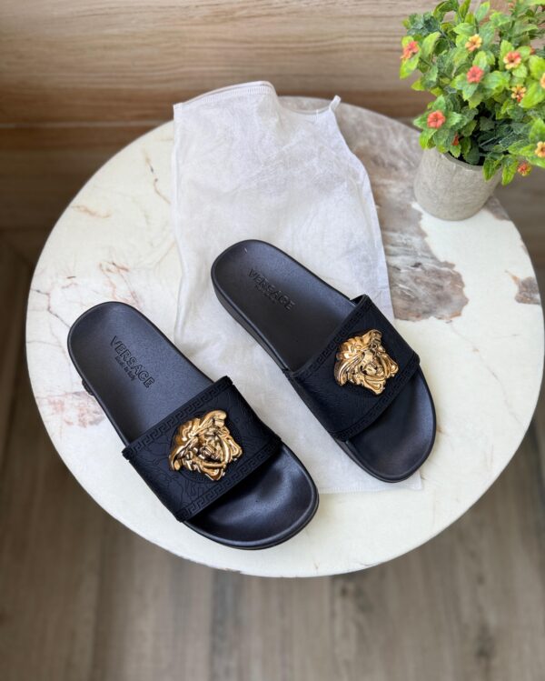 First Copy Versace Black & Gold Luxury Slides – Premium Designer