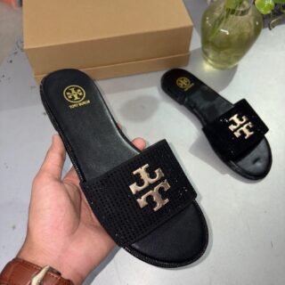 First Copy Tory Burch Everly Slide Sandals Light Black Gold Crystal