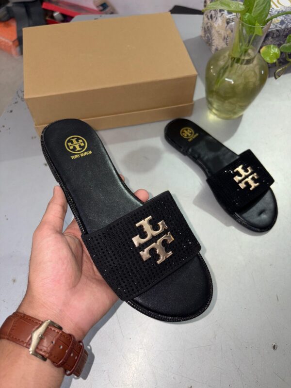 First Copy Tory Burch Everly Slide Sandals Light Black Gold Crystal