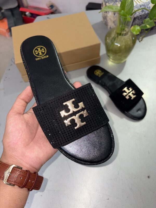 First Copy Tory Burch Everly Slide Sandals Light Black Gold Crystal - Image 2