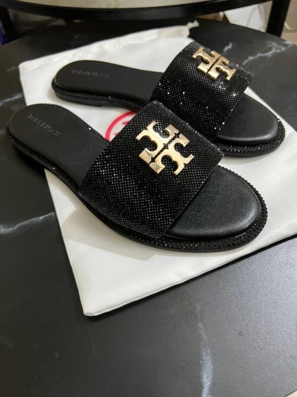 First Copy Tory Burch Everly Slide Sandals Light Black Gold Crystal - Image 3